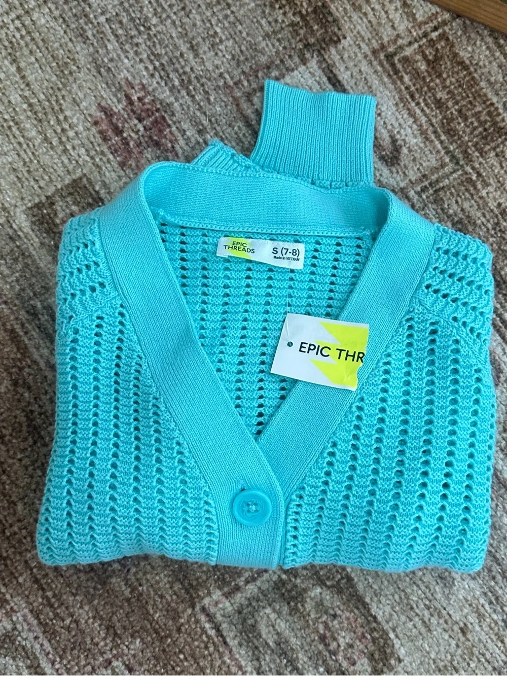 New Epic Threads Girls Cardigan Macys Exclusive V Neck Turquoise Button Sm 7/8